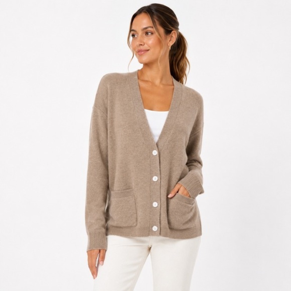 J.Crew Cashmere V-Neck Cardigan Sweater Tan Heather Oatmeal Button Front L